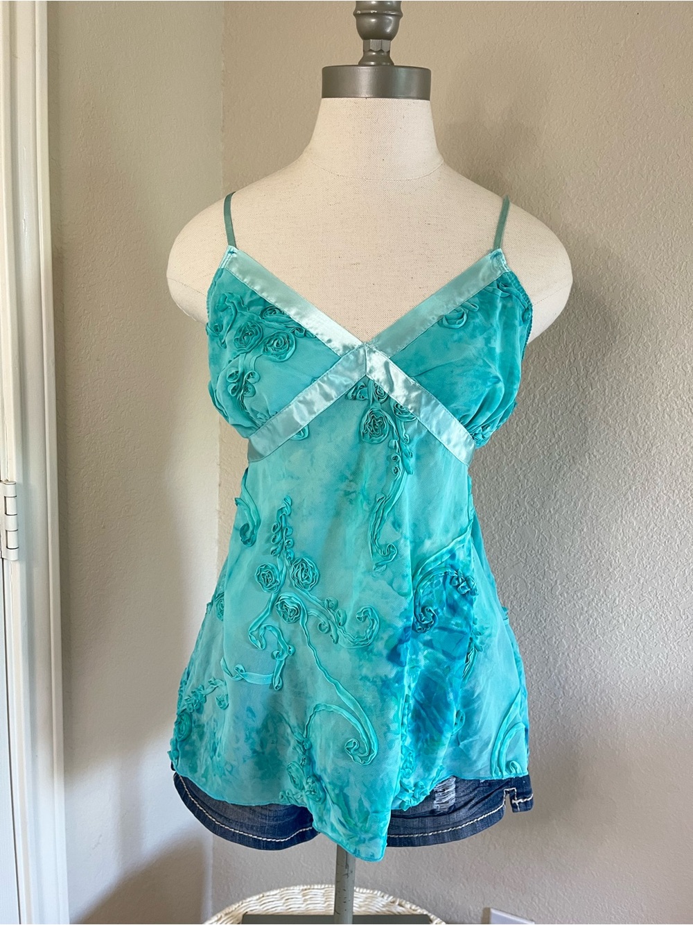 rave Turquoise Satin-Trim Embroidered Cami